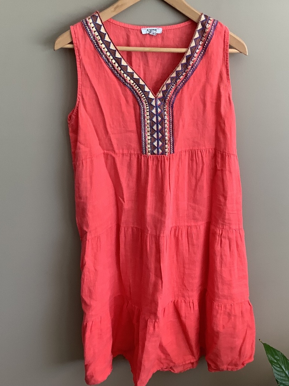 TIered  Coral Sleeveless Linen Dress with Embroidery